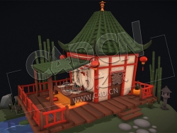 C4D中式卡通房子建筑画家书屋模型 Chinese Painter's Little House