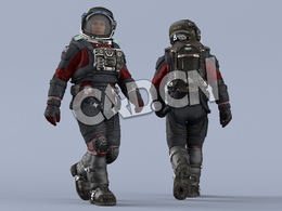 行走的黑红色航天服年轻女性太空宇航员Walk