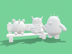 长凳上的卡通动物角色C4D模型 Cartoon Animals