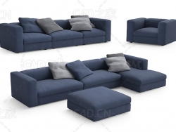 蓝色客厅沙发布艺沙发三人沙发L型沙发单人沙发C4D模型 sofa 3d model