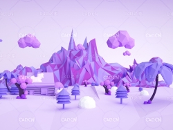 C4D OCTANE低多边形卡通大山房屋树木风光场景