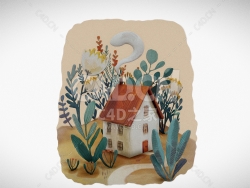 C4D梦幻乡间植物丛林小屋建筑卡通场景模型下载