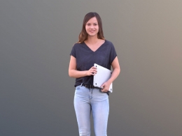 三维扫描写实人物抱笔记本电脑行走的女职员