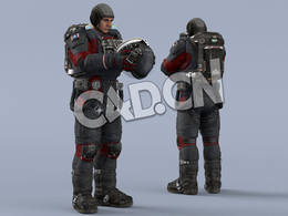 双手抱头盔站立黑红色宇航服年轻男性太空飞行员idle Helmet Scifi PutOn