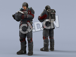 双手抱头盔站立黑红色宇航服年轻女性太空飞行员idle Helmet Scifi PutOn