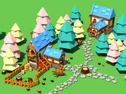 低面多边形卡通房子 树林中的小木屋C4D模型 Low poly Simple House