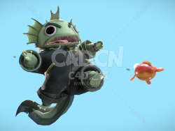 C4D卡通鱼怪对战小金鱼场景模型下载