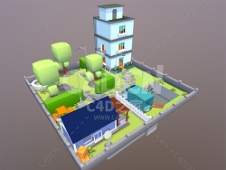 C4D低聚住宅院子建筑卡通模型下载