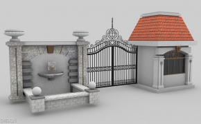 小区大门、岗亭C4D模型 Cell door 3D model