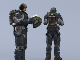 双手抱头盔站立深蓝色宇航服大胡子男性太空飞行员idle Helmet Scifi PutOn