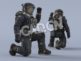 单膝跪地宣誓的黑色宇航服年轻女性太空飞行员Sit