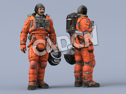 站立左手拎头盔桔黄色太空服中年男性宇宙航天员Idle Helmet Scifi Holding