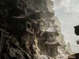 中国风古代山间寺庙场景3D模型资源包 多格式高精度悬崖古寺楼阁建筑资产