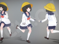 戴帽子奔跑的小女孩卡通动漫人物C4D模型(包含骨骼绑定和动画)