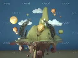C4D OCTANE低面多边形悬浮山峰景观场景工程