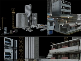 城市新旧楼房建筑完整资产包包含模块化立面阳台栏杆塔吊广告牌贴图与示例场景New And Old Buildings Blender Asset Library