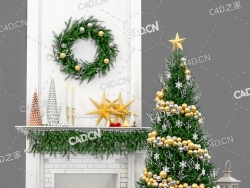 圣诞节派对装饰圣诞树壁炉花环C4D模型