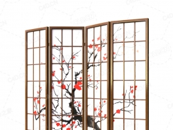 日系风实木窗格梅花折扇屏风C4D模型