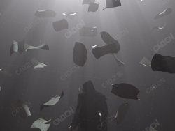 刺客站立在满天飞舞的信纸场景模型