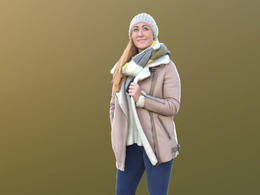 三维扫描写实人物戴帽子穿棉衣站着观看的国外女人