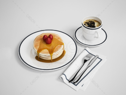 早餐食物咖啡刀叉草莓蜂蜜饼C4D模型下载