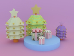 C4D卡通圣诞礼物场景模型 卡通松树 礼物盒