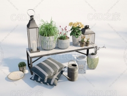 C4D装饰花卉蜡烛灯金属花洒花瓶插花花卉模型