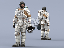 站立左手拎头盔桔黄色航天服大胡子男性太空宇航员Idle Helmet Pilot Holding