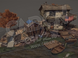 C4D低面卡通河边小木屋模型