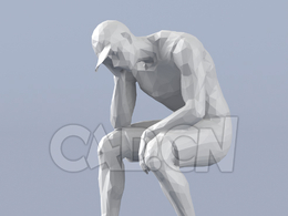 低面多边形卡通人物坐着单手托腮的男人模型