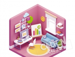 紫色数据图标等距卡通办公场景室内插画图标元素模型 3d workspace illustrations