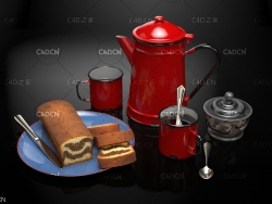 咖啡蛋糕食品模型 Coffee 3d model咖啡壶杯子刀子盘子糖碗咖啡杯蛋糕咖啡勺子糖块餐盘