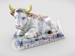 C4D博物馆古董文物卧着的牛青花瓷器模型 A lying ox with a wreath of flowers