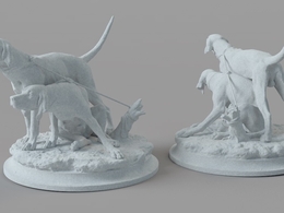 两条栓着的猎狗雕塑C4D模型 Hound sculpture