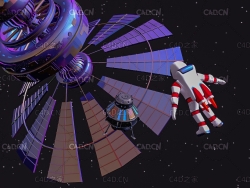 低面卡通宇航员国际空间站太空遨游场景C4D模型low poly space scene