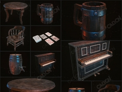 复古西部世界完整酒馆场景环境旧房子老式家具组合模型3D模型Western Kitbash