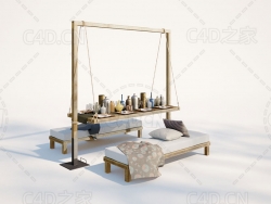 C4D摆满吊桌的瓶子长凳抱枕模型