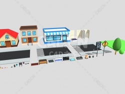 C4D低面卡通城市商店路标道路家具模型包