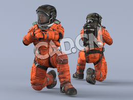 跪地检查手表的桔黄色太空服年轻女性宇宙飞行员Sit