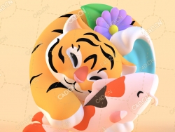 小老虎抱鲤鱼吉祥图腾C4D模型