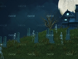 C4D OC万圣节暗黑风石碑墓园恐布场景