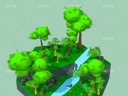 低面多边形自然景观-卡通小河边的树木春天绿色景观场景 nature pack