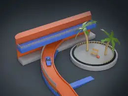 C4D低面多边形汽车轨道场景工程文件 Low surface polygonal vehicle track