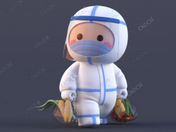 穿防护服手提蔬菜的白衣天使大白核酸志愿者医护人员卡通人物角色C4D模型