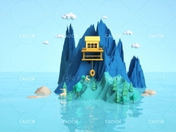 C4D OC低面多边形海上小岛场景模型
