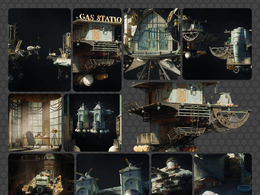 未来机械风奇幻悬浮天空之城赛博朋克楼房建筑城市3D模型KitBash3D - City in the Sky