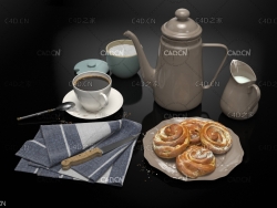 下午茶咖啡套餐模型 Coffee 3d model盘子咖啡罐肉桂卷白砂糖牛奶壶牛奶餐盘方巾餐布