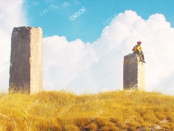 深秋坐荒草坡石柱上的人物角色OCTANE模型