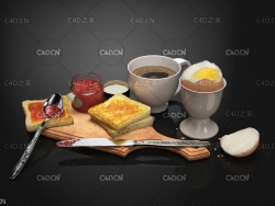 鸡蛋面包果酱营养早餐食物C4D模型 Nutritious breakfast