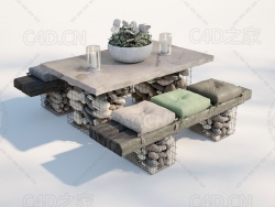 C4D石头搭建的木凳石板桌乡村庭院餐桌模型